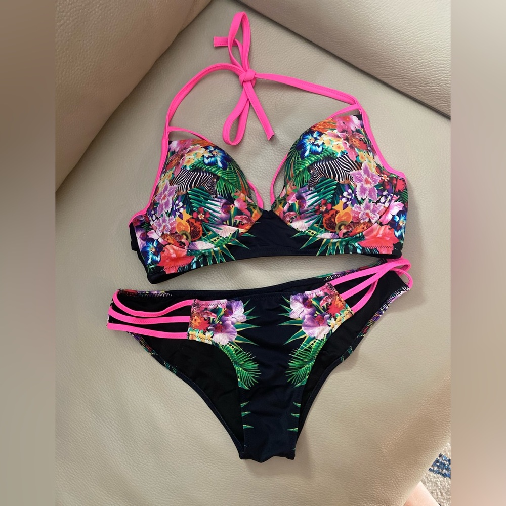 Victoria's Secret Tropical Zebra Bikini and Rash Guard Bundle of 3 pieces.